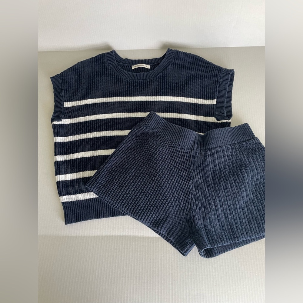 moon & madison Navy Ribbed Knit Shorts with White Stripe Sweater Set